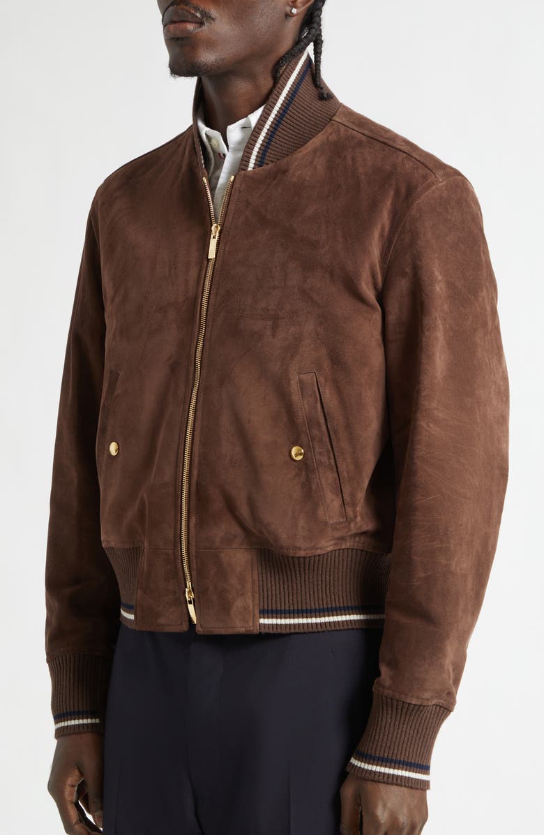 Thom Browne Suede Bomber Jacket, Alternate, color, Dark Brown