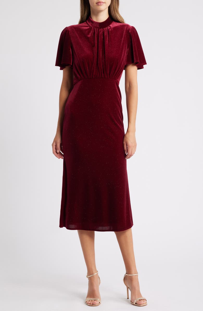 Julia Jordan Sparkle Detail Velvet Midi Dress, Main, color, Burgandy