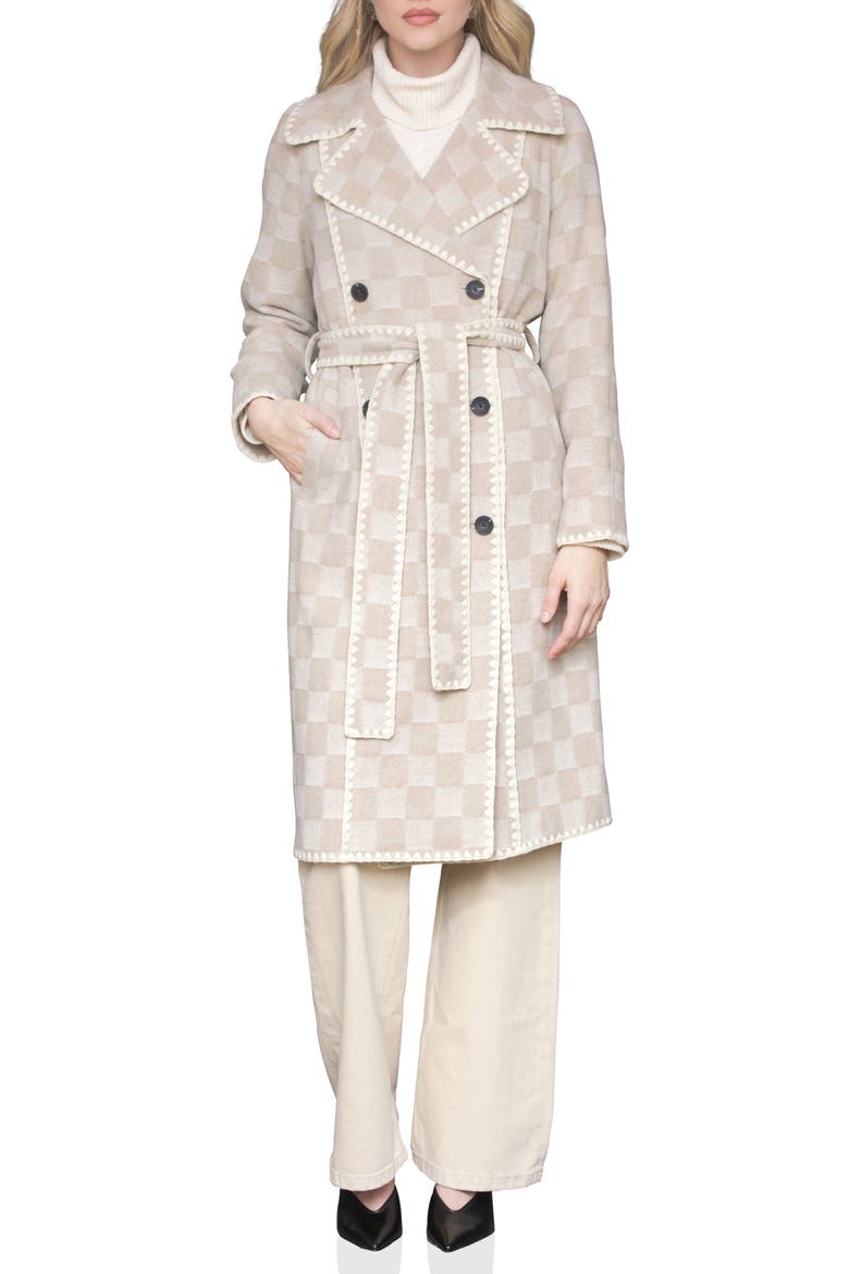 Wool Blend Checkered Blanket Stitch Coat, Main, color, SAND CHECK