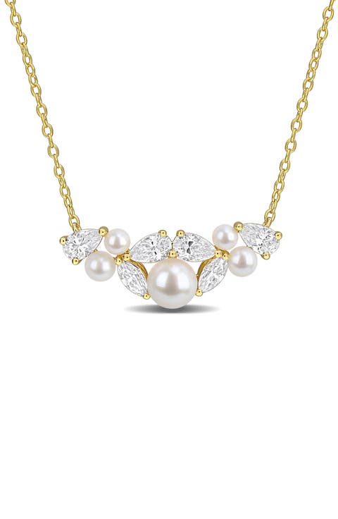 Freshwater Pearl & Cubic Zirconia Cluster Necklace