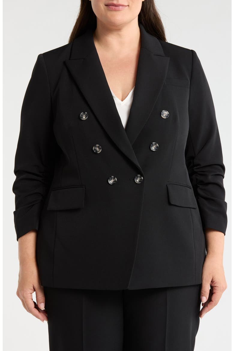 Ruched Sleeve Double Breasted Blazer, Alternate, color, BLACK