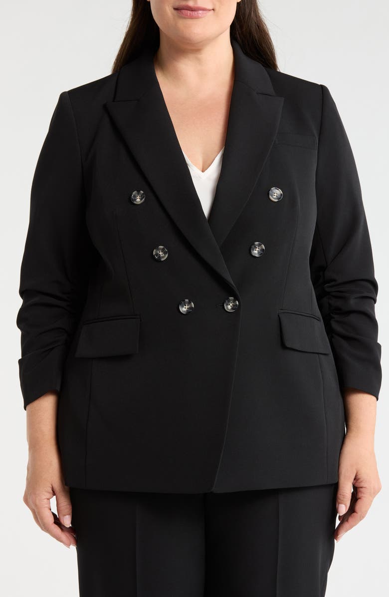Tahari ASL Ruched Sleeve Double Breasted Blazer, Alternate, color, Black