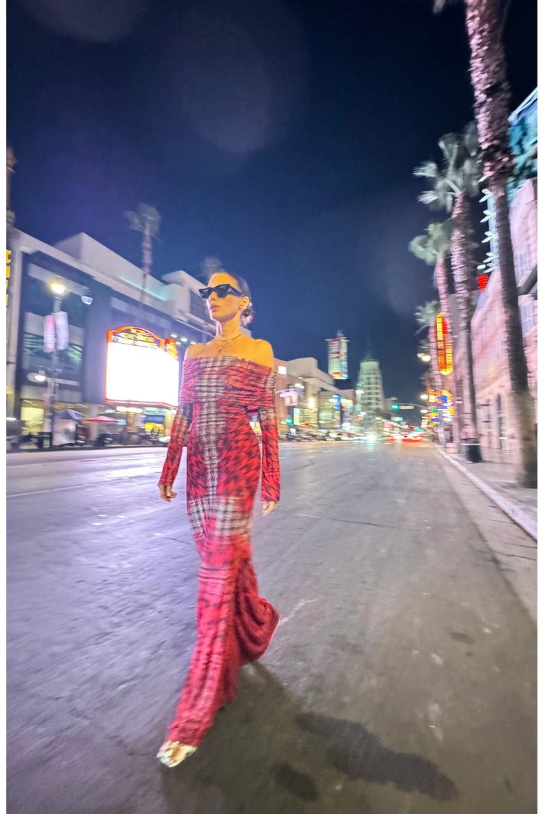 Thelma Off the Shoulder Long Sleeve Maxi Dress, Alternate, color, RUBY HOUNDSTOOTH