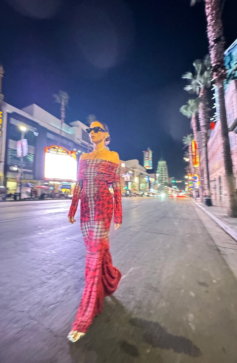 AFRM Thelma Off the Shoulder Long Sleeve Maxi Dress, Alternate, color, Ruby Houndstooth