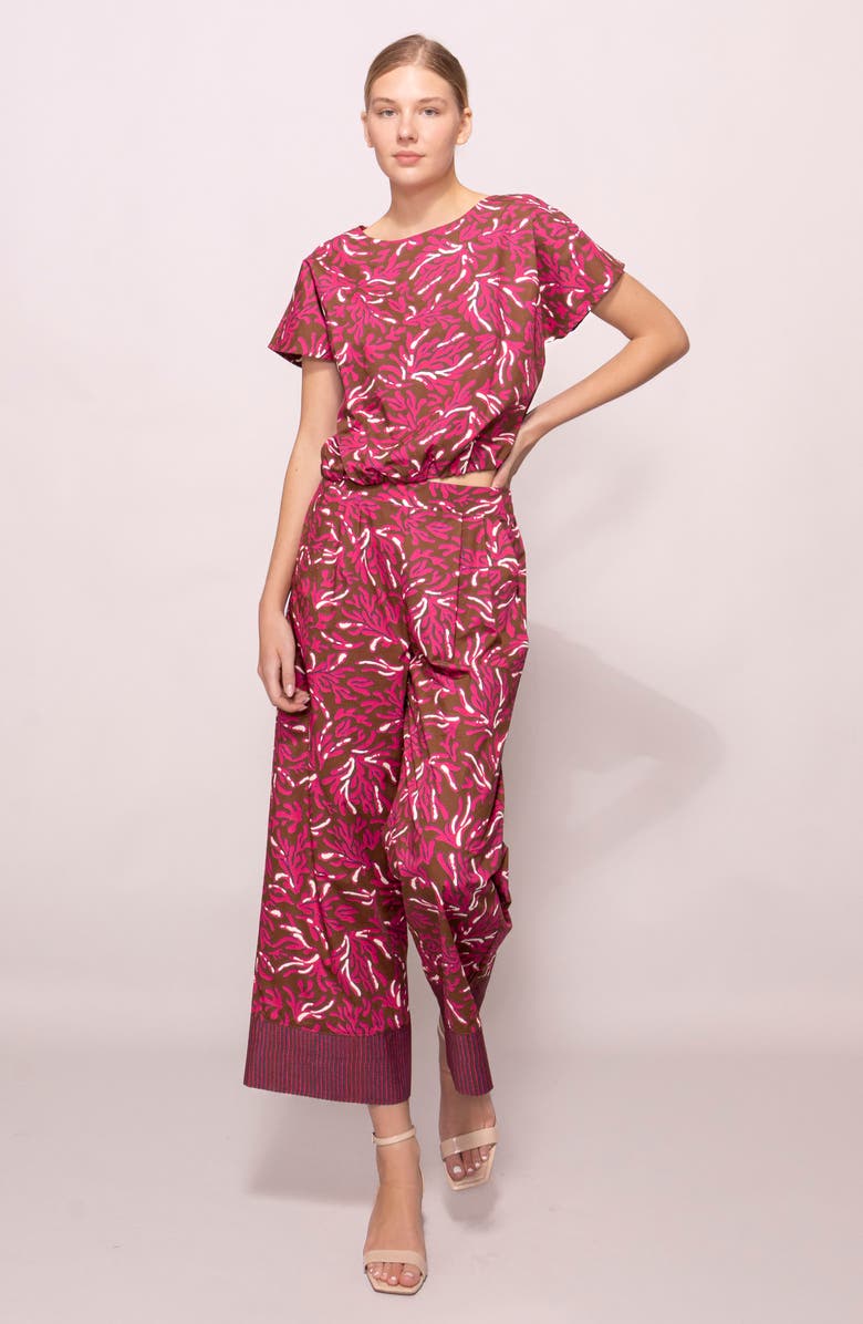 MELLODAY Poplin Banded Hem Top, Alternate, color, Brown Magenta Reef