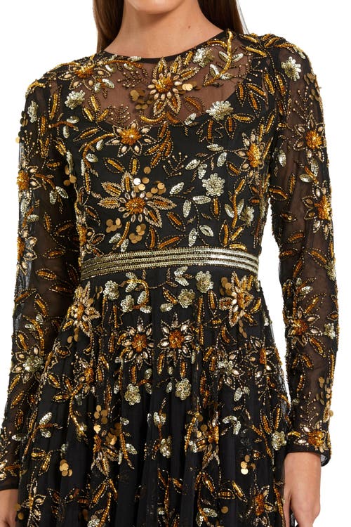 Mac Duggal Hand Beaded Mesh Long Sleeve High Neck A Line Gown In Black