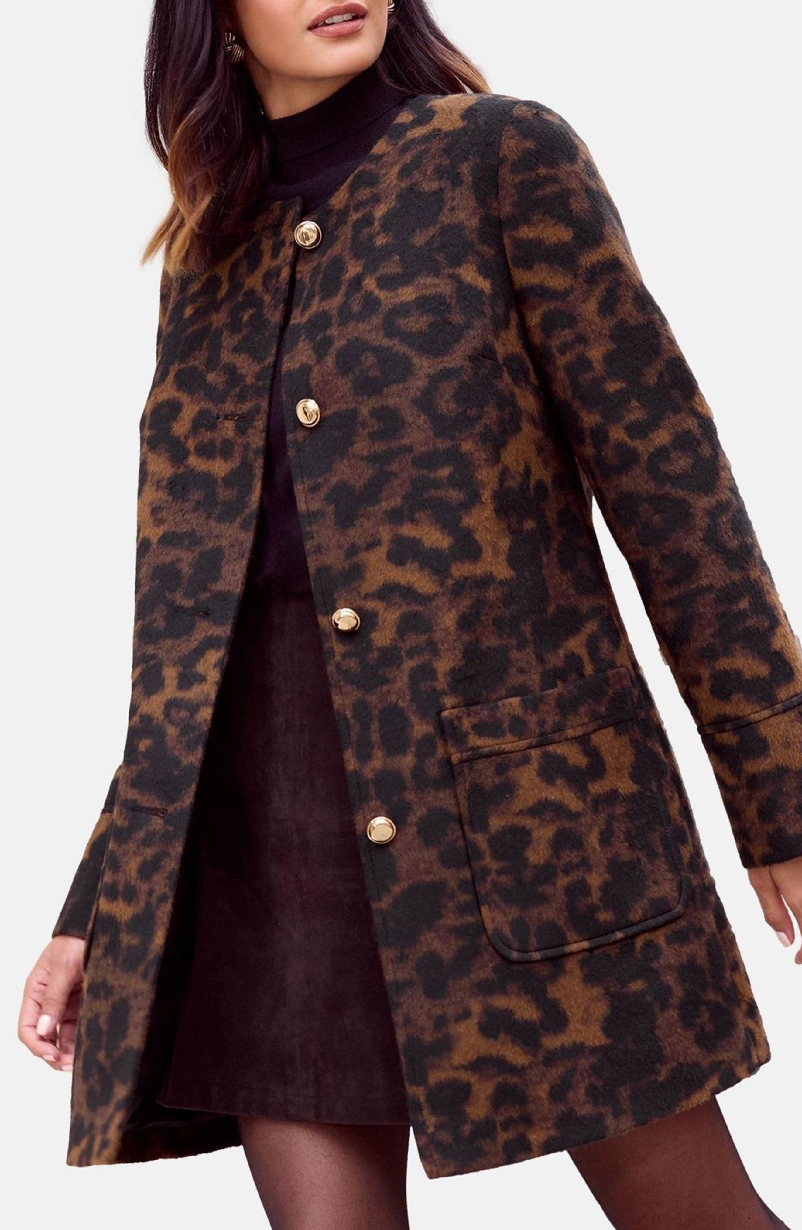 Collarless Leopard Swing Coat