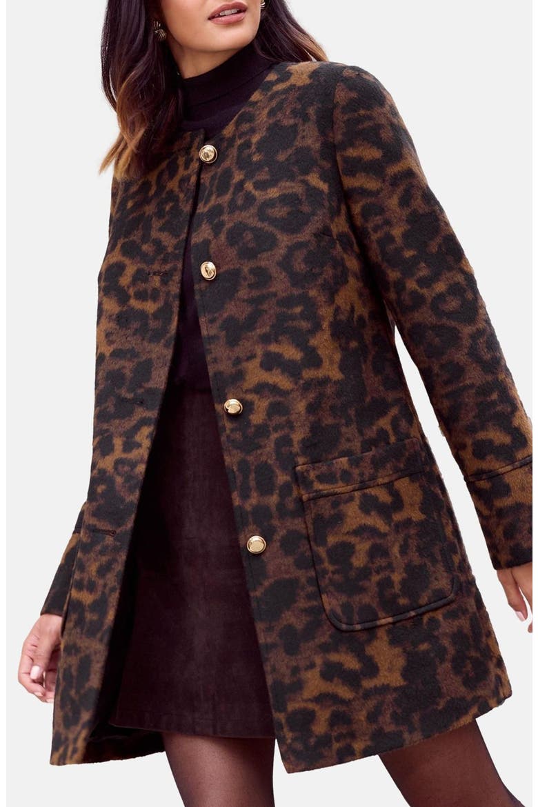 Collarless Leopard Swing Coat, Main, color, BROWN MULTI