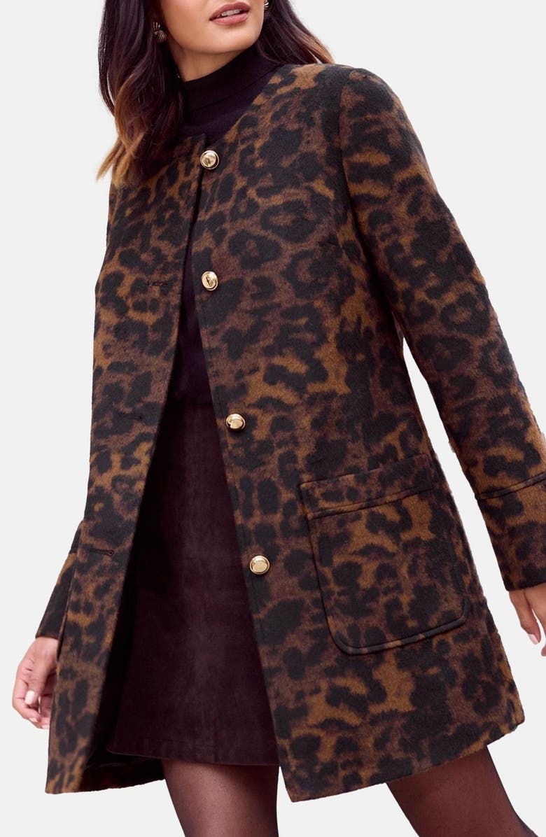 Friends Like These Collarless Leopard Swing Coat, Main, color, Brown Multi