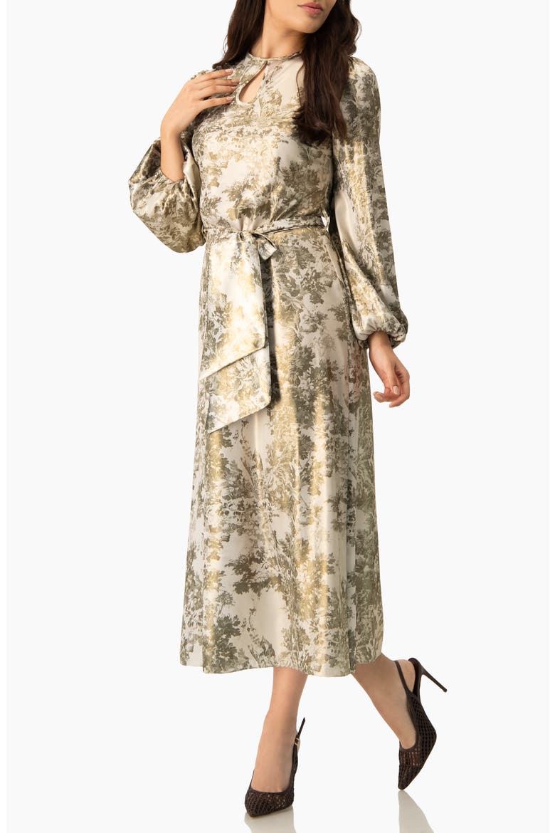 Botanical Print Satin, Long Sleeve Belted Keyhole Midi Dress, Alternate, color, Olive Green