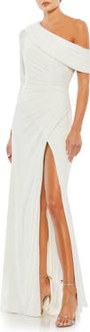 Mac Duggal Ruched Jersey Drop Shoulder Foldover Gown