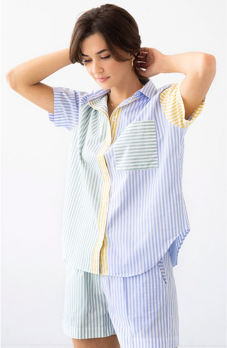 SALUA Amalfi Stripes Resort Short Set, Alternate, color, Light Blue-Green-Yellow