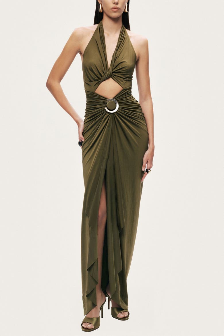 Cut-Out Halter Maxi Dress, Alternate, color, Olive Green