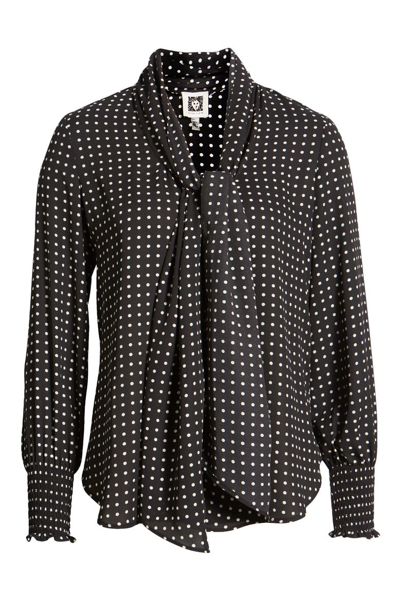Crêpe de Chine Tie Neck Blouse, Alternate, color, ANNE BLACK/ ANNE WHITE