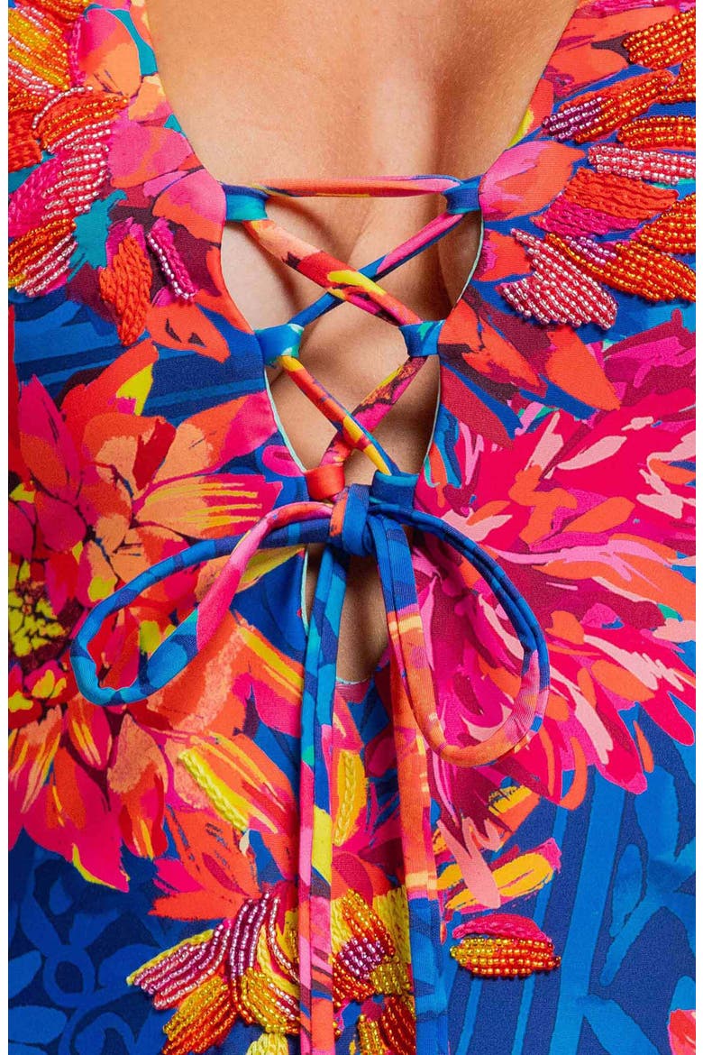 Beaded Lace-Up One-Piece Swimsuit, Alternate, color, BLUE MULTI