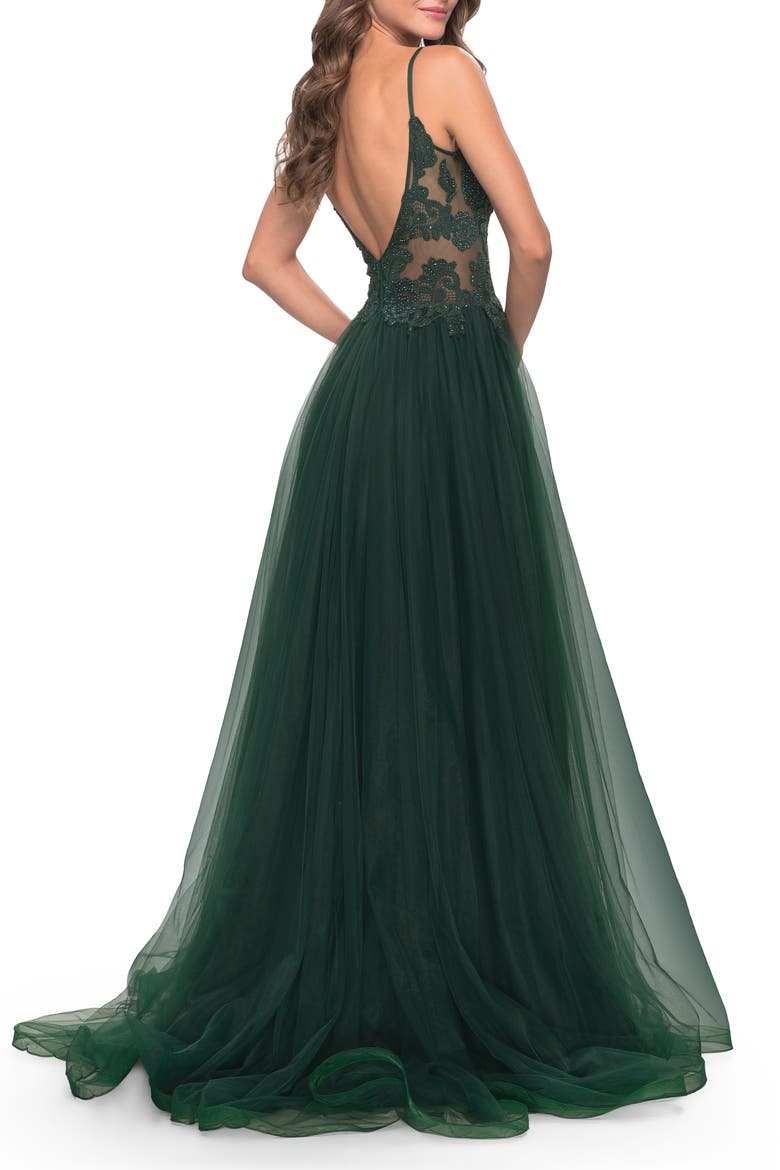 Tulle A-Line Gown with Lace Rhinestone Bodice, Alternate, color, Dark Emerald