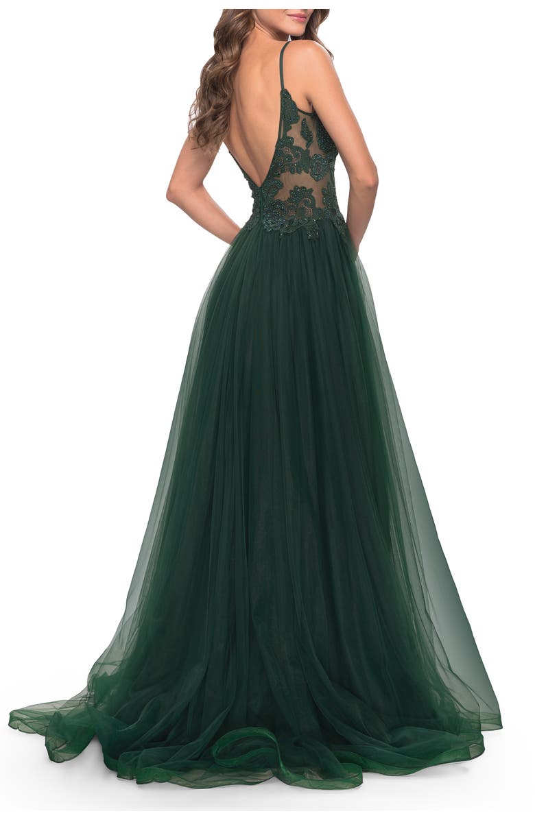 La Femme Tulle A-Line Gown with Lace Rhinestone Bodice, Alternate, color, Dark Emerald