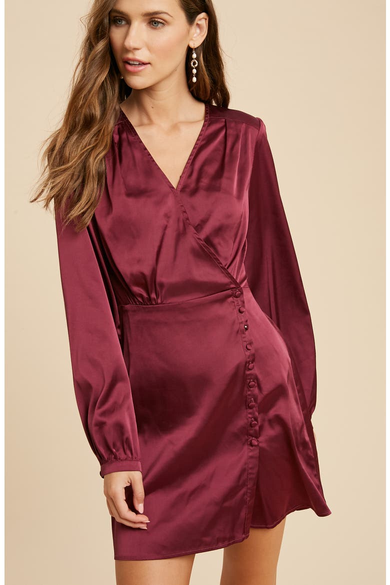 Satin Long Sleeve Mini Dress, Alternate, color, BURGUNDY