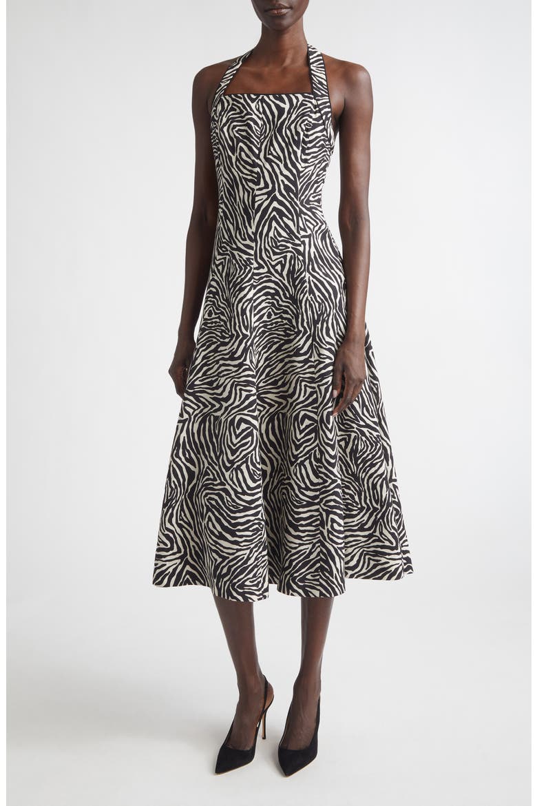 Zebra Print Halter Midi Dress, Main, color, BLACK/ LINEN