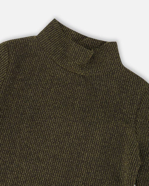 Deux Par Deux Shiny Rib Mock Neck Top In Brown
