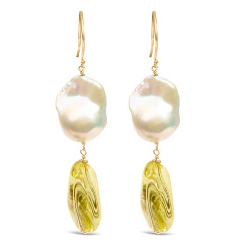 14K Yellow Gold Citrine and Baroque Pearl Drop and Dangle Earrings