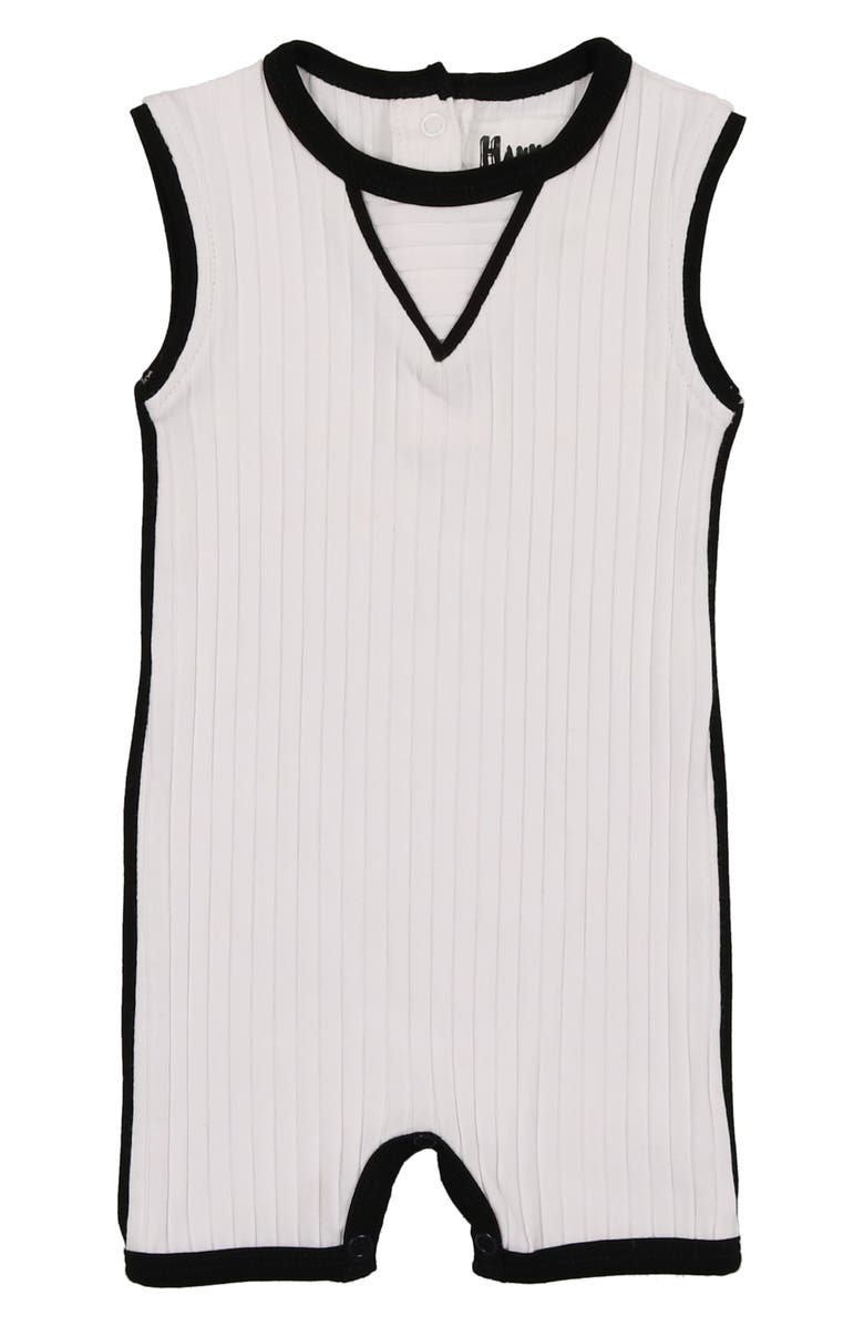 Manière Contrast Piping Stretch Cotton Ribbed Romper, Main, color, White