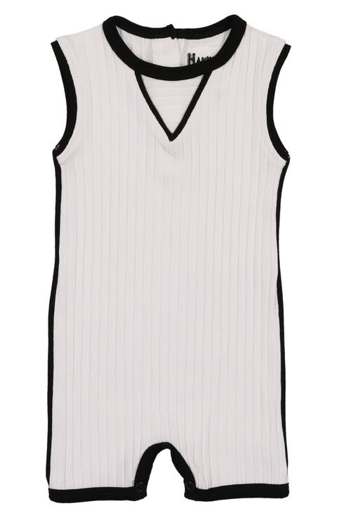 Contrast Piping Stretch Cotton Ribbed Romper (Baby)