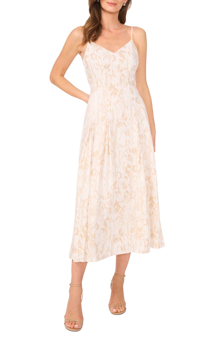 Vince Camuto Floral Godet Pleat Linen Blend Dress, Main, color, 