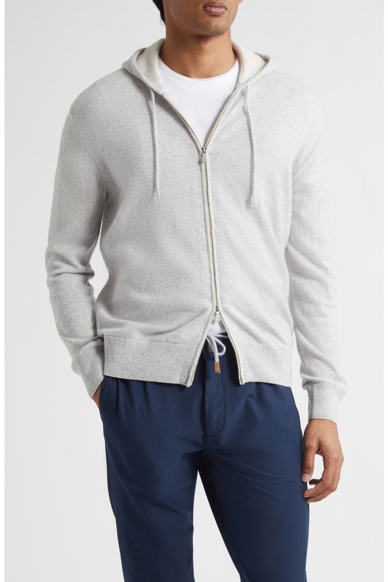 Full Zip Cashmere Hoodie Sweater, Main, color, LIGHT GREY MELANGE AND SAND