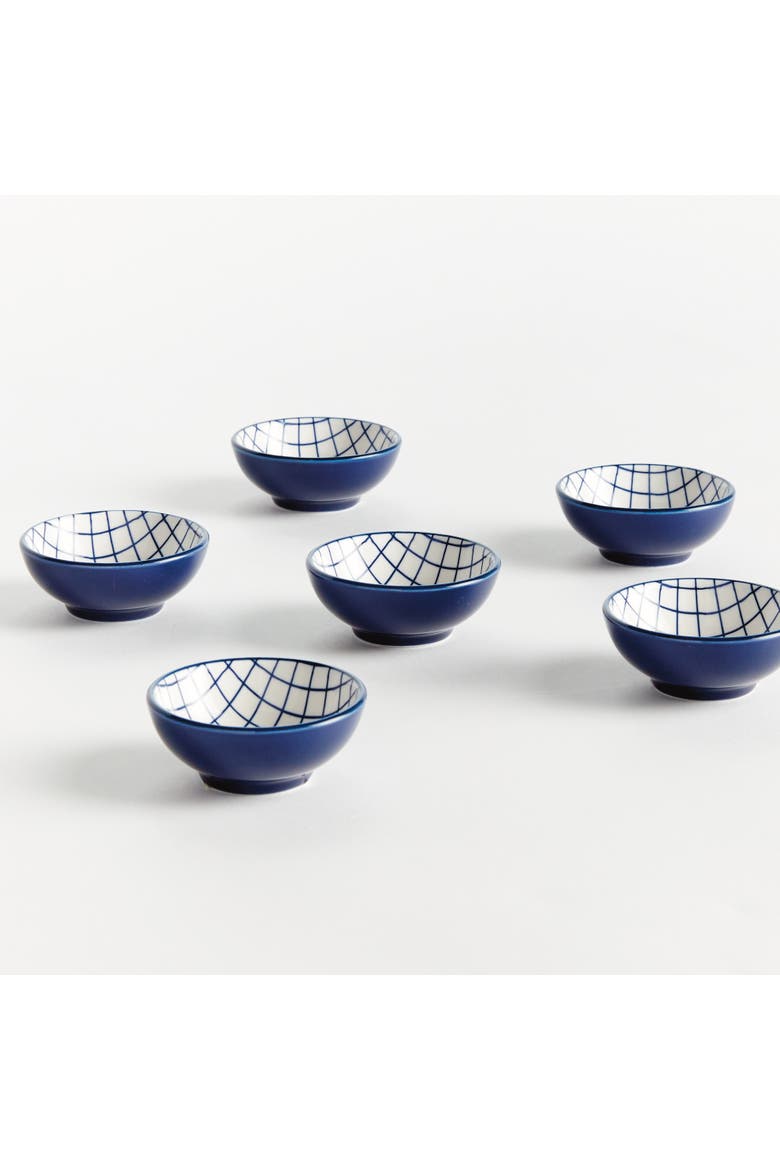 Stria Grid Dip Bowls, Set of 6 - Dark Blue/White Ceramic, Alternate, color, Blue