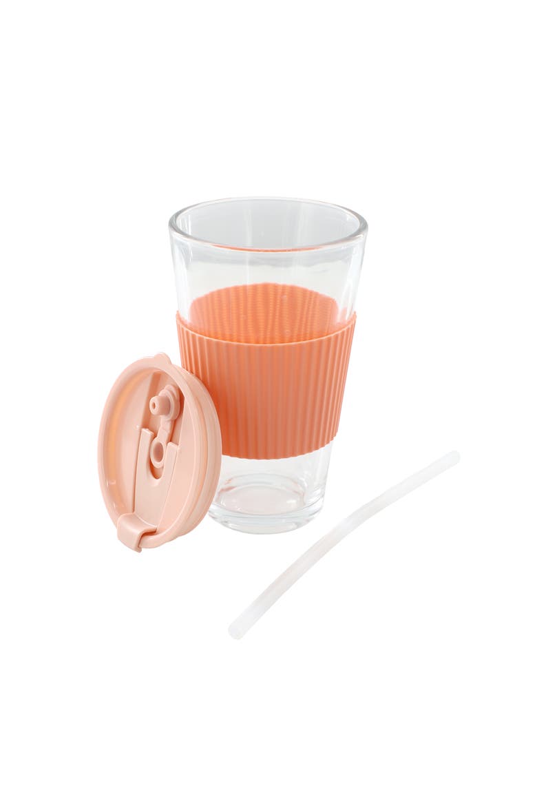 4 Piece 15 Ounce Glass Cup Set w/ Lid and Straw, Alternate, color, Pink