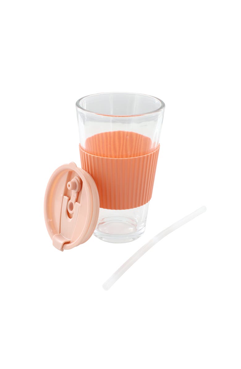 Mr. Coffee Sip Savvy 4 Piece 15 Ounce Silicone Sleeve Glass Cup Set w/ Lid and Straw, Alternate, color, Pink