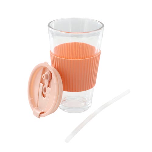 Mr Coffee Mr. Coffee Sip Savvy 4 Piece 15 Ounce Silicone Sleeve Glass Cup Set W/ Lid And Straw In Orange