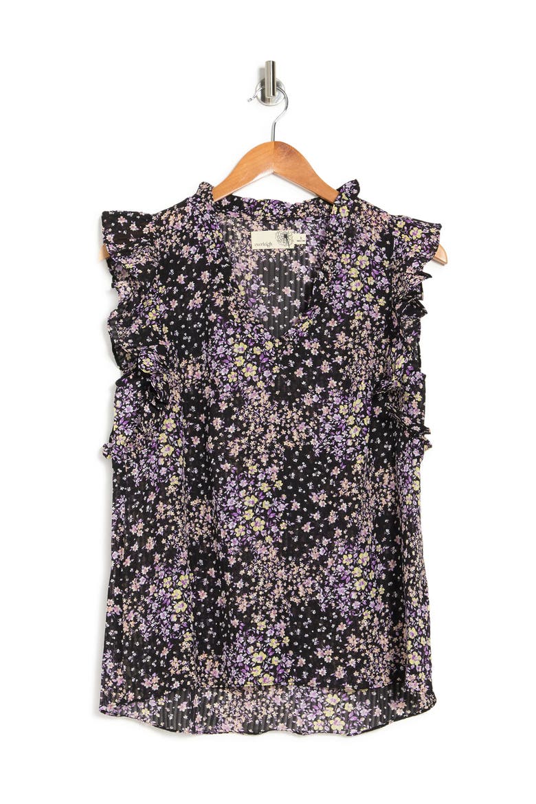 Ruffle Trim V-Neck Blouse, Alternate, color, BLACK LILAC YELLOW FLORAL
