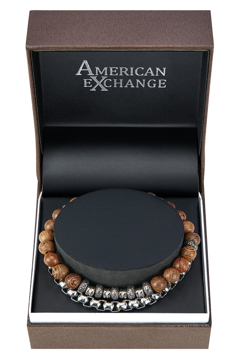 Men's Set of 2 Beaded Stretch Bracelet & Box Chain Bracelet, Alternate, color, BEIGE/ SILVER