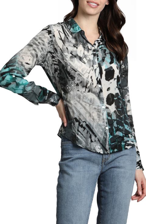 Abstract Print Roll Tab Sleeve Chiffon Button-Up Shirt