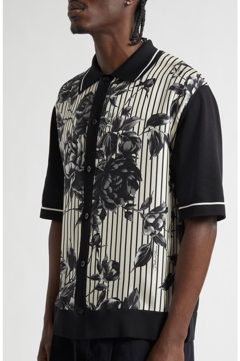 Oversize Floral & Stripe Short Sleeve Silk & Cotton Shirt, Alternate, color, RAMAGE PEO/ BEIGE