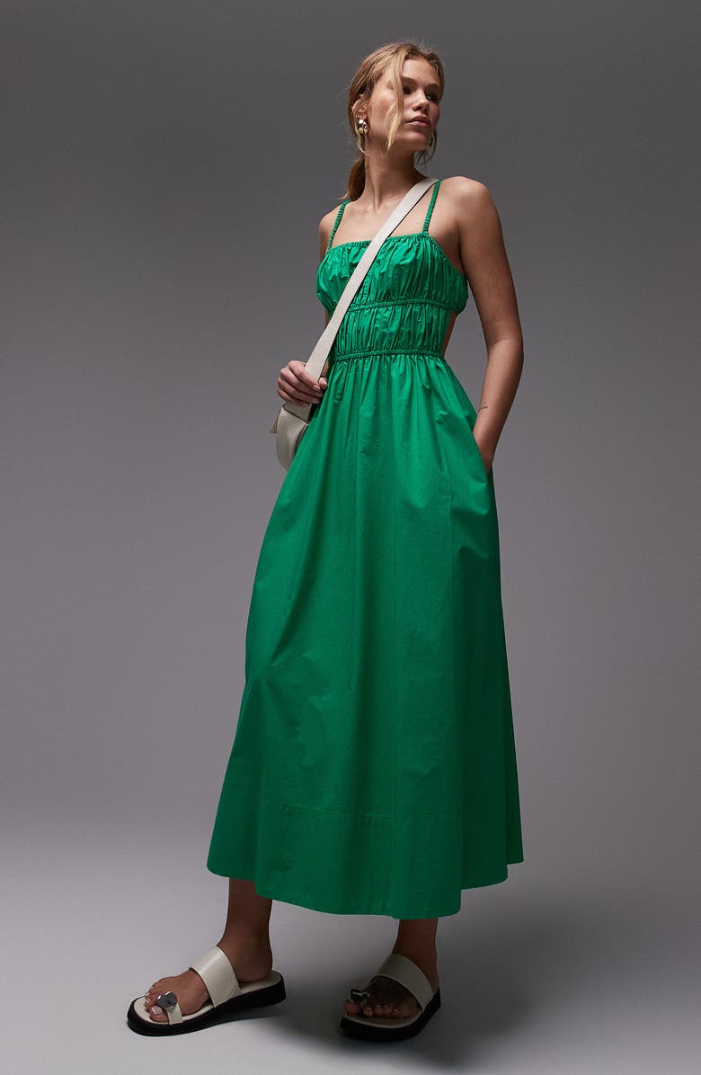 Topshop Shirred Cutout Cotton Poplin Midi Sundress, Main, color, Mid Green