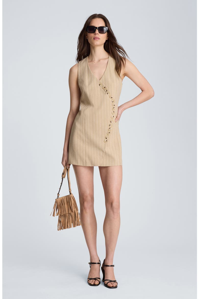Curved Button Detail Pinstripe Minidress, Alternate, color, BISCOTTI