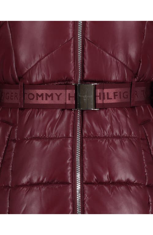 Tommy Hilfiger Kids' Logo Belted Waist Hooded Puffer Jacket In Burgundy