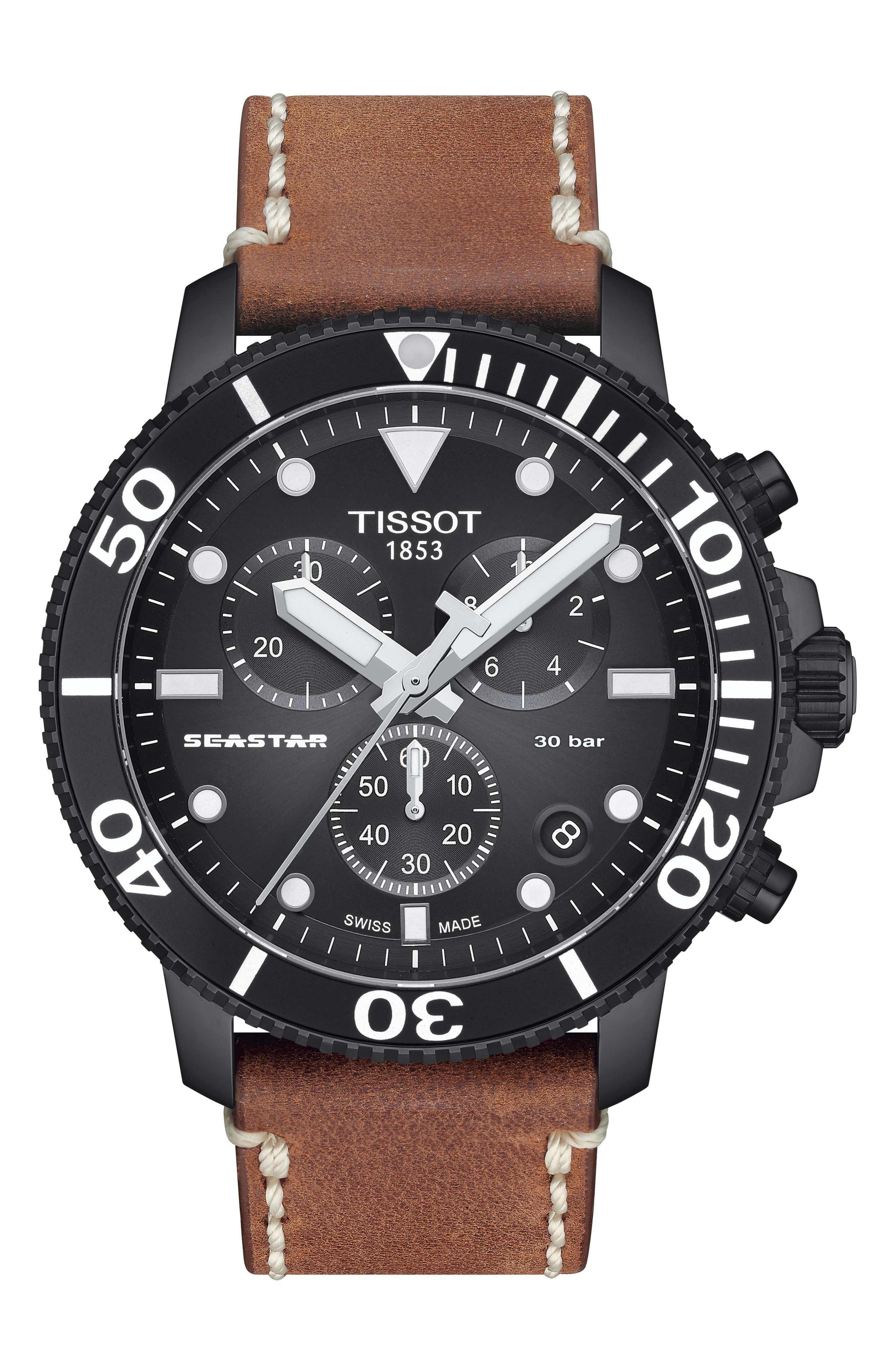 Tissot Seastar Leather Strap Chronograph Diving Watch, 45.5mm