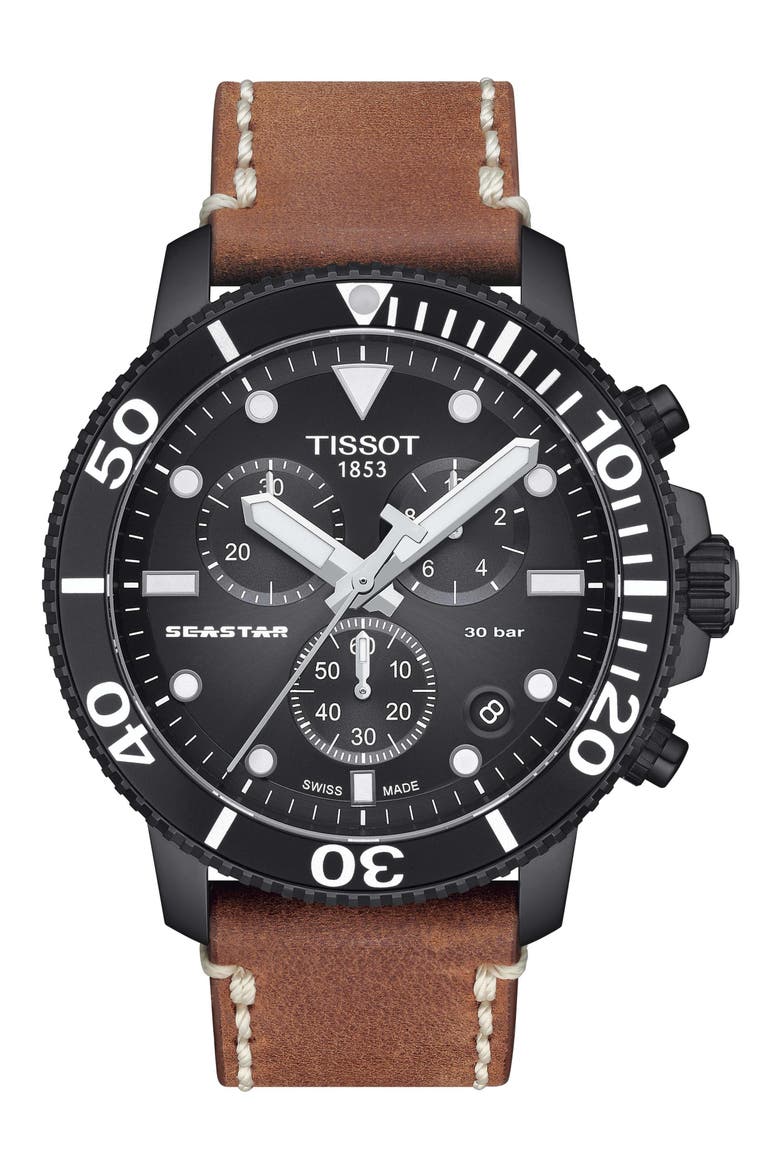Seastar Leather Strap Chronograph Diving Watch, 45.5mm, Main, color, BLACK