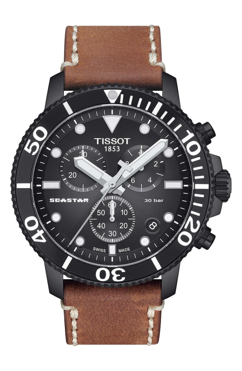 Tissot Seastar Leather Strap Chronograph Diving Watch, 45.5mm, Main, color, Black
