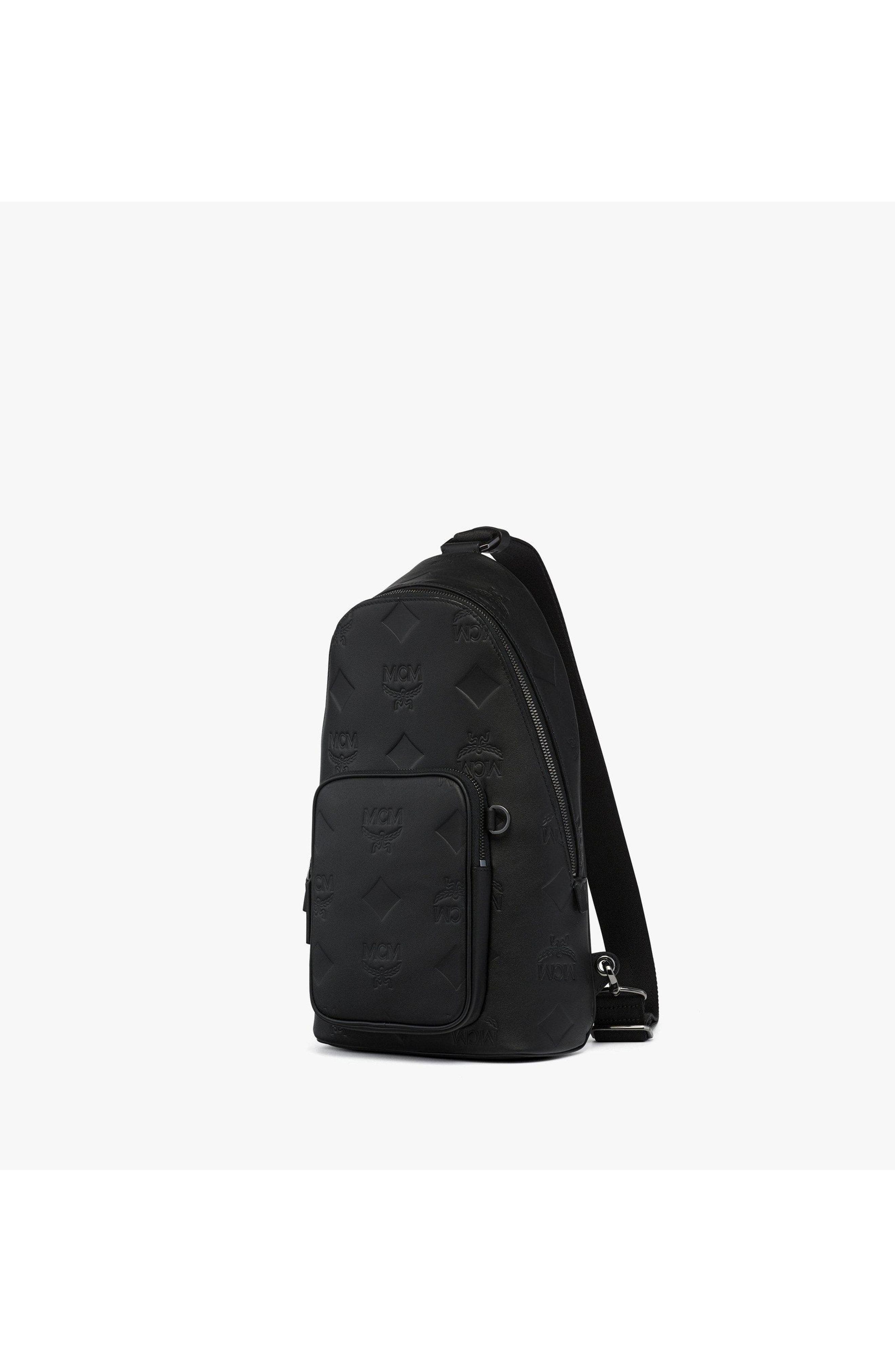MCM Aren Sling Bag in Embossed Monogram Leather, Alternate, color, Black
