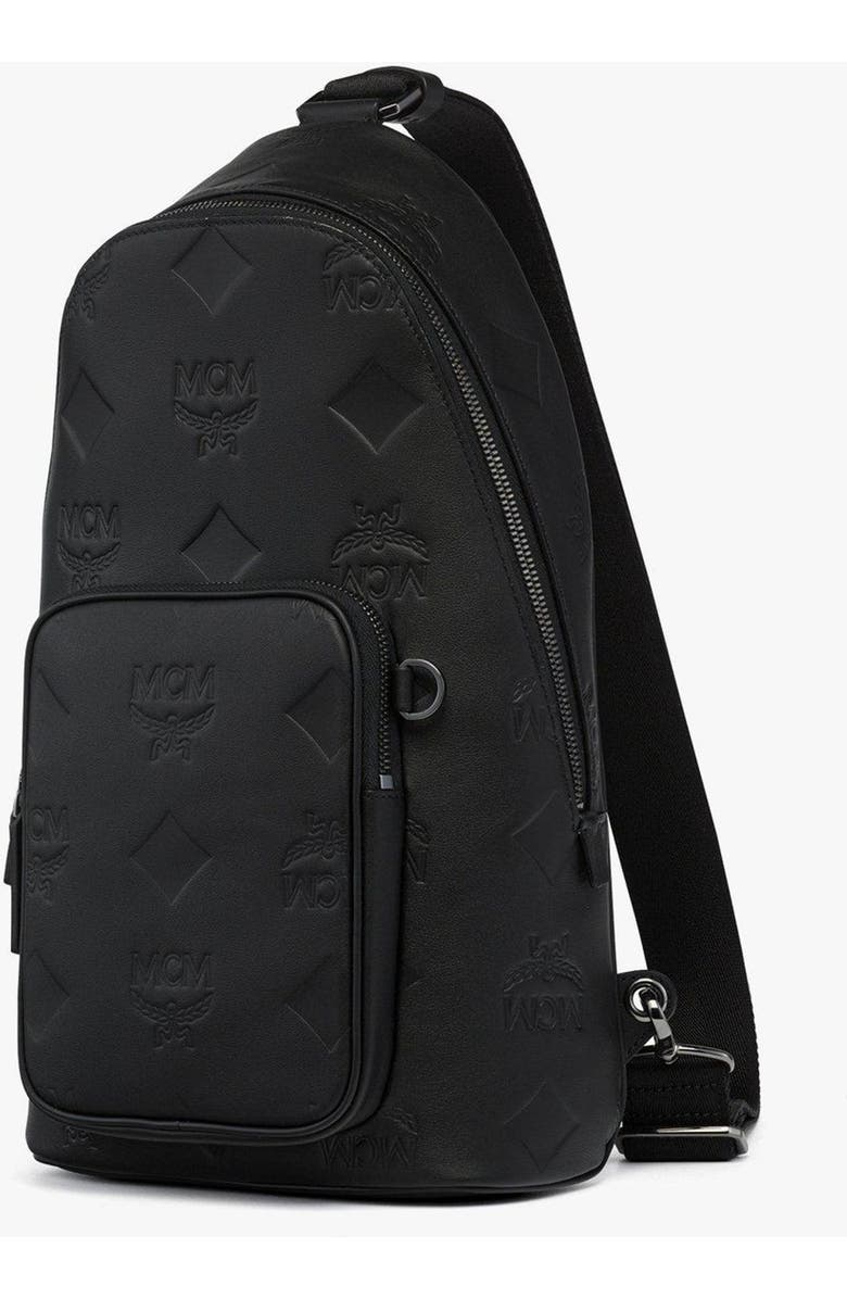 MCM Aren Sling Bag in Embossed Monogram Leather, Alternate, color, Black