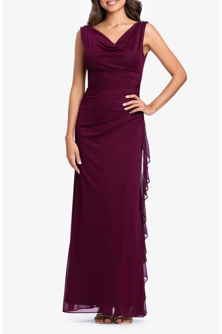 Side Ruffle Cowl Neck Sleeveless Gown, Main, color, GARNET