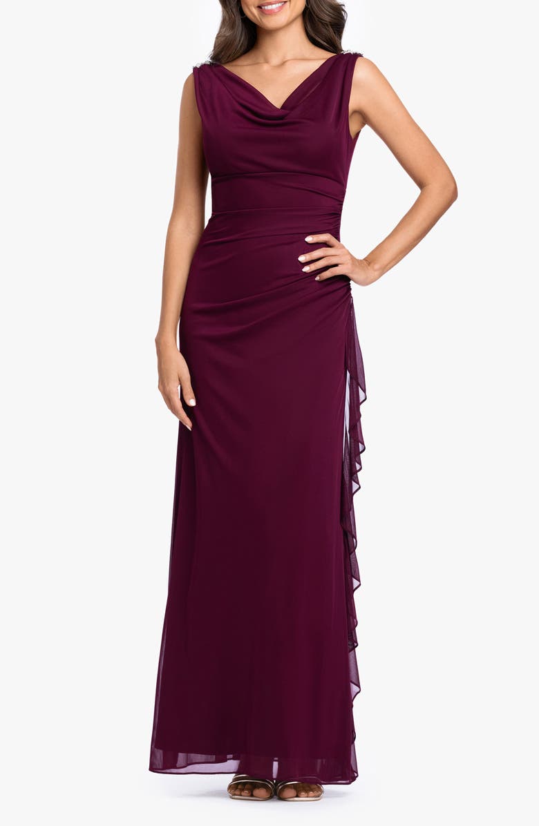 Betsy & Adam Side Ruffle Cowl Neck Sleeveless Gown, Main, color, Garnet