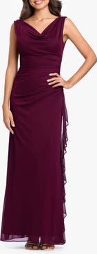 Betsy & Adam Side Ruffle Cowl Neck Sleeveless Gown