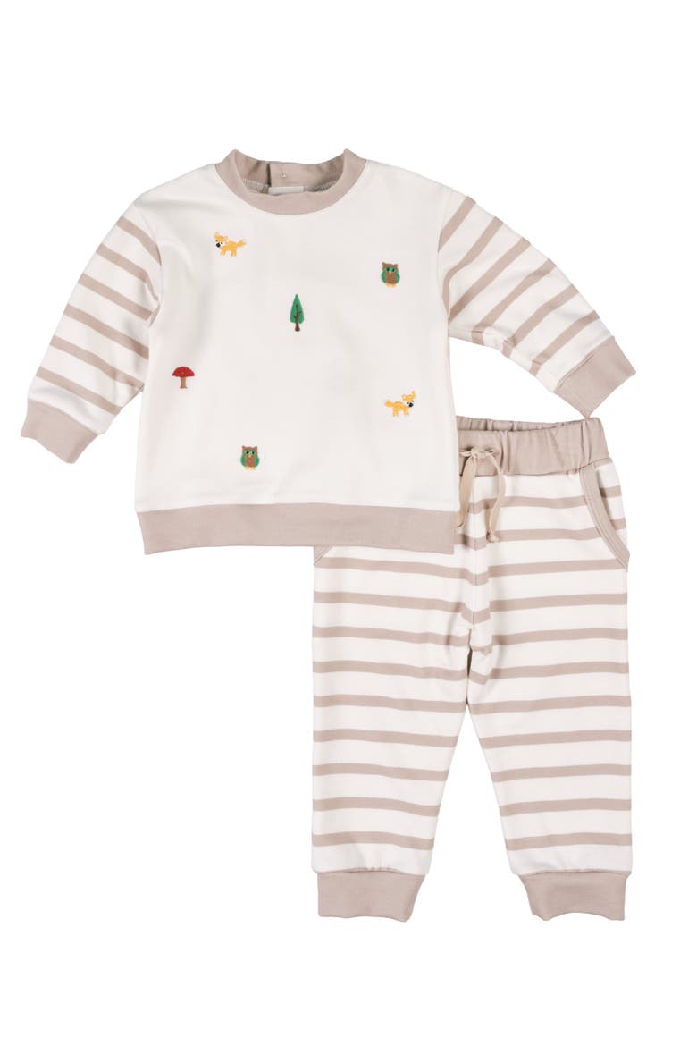 French Terry Knit Set with Woodland Animals, Main, color, Ivory & White Stripe