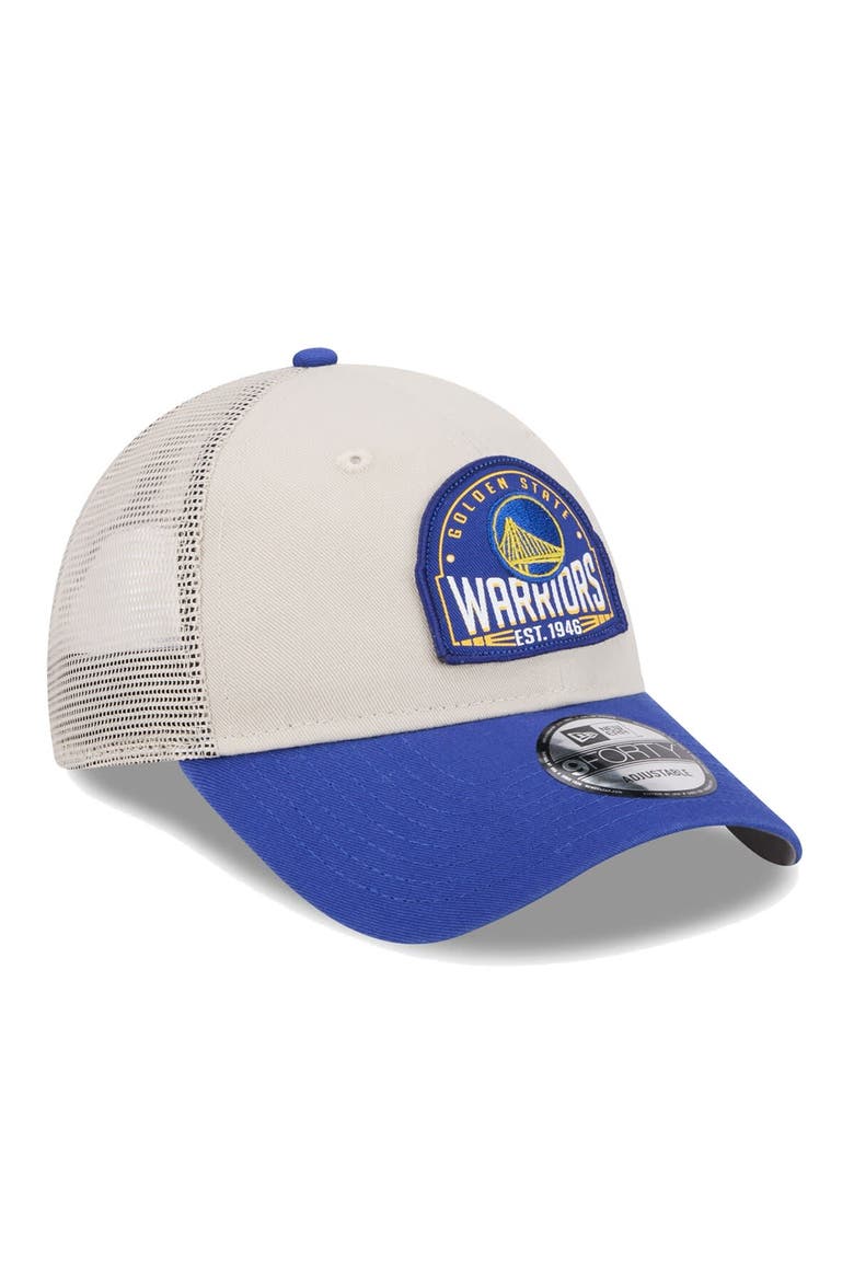 Men's New Era Khaki/Royal Golden State Warriors Throwback Patch Trucker 9FORTY Adjustable Hat, Alternate, color, Khaki
